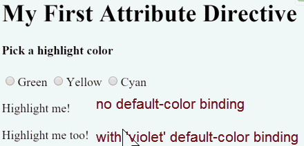 Animated gif of final highlight directive that shows red color with no binding and violet with the default color set. When user selects color, the selection takes precedence.